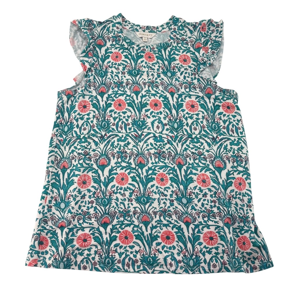 Crown & Ivy Womens Small Teal Coral Floral Flutter Sleeve Knit Top Blouse 3440